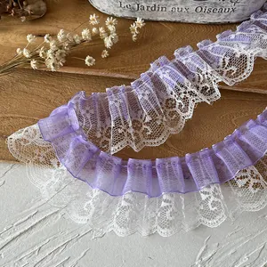 Encaje plisado morado y blanco para manualidades de ropa y decoración del hogar