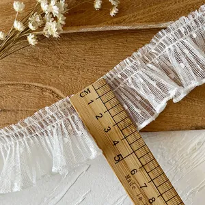 White 4cm polka dot pleated mesh lace trim with ruffled edges for DIY sewing decoration