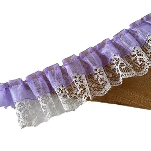 Ribete de organza púrpura y encaje blanco de doble capa con volantes para costura DIY