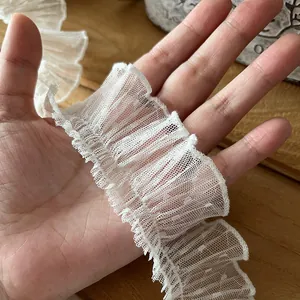 White 4cm polka dot pleated mesh lace trim for DIY garment sewing and dress decoration