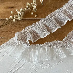 White 4cm polka dot pleated lace trim with ruffle mesh design for DIY sewing projects