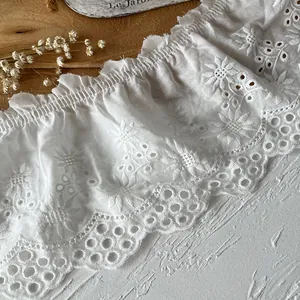 White floral lace embroidery cotton trim with elastic ruffles for DIY clothing and decor