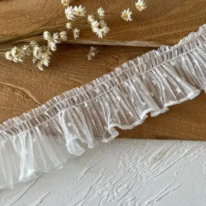 4cm white polka dot tulle pleated lace trim for garment decoration and DIY crafts