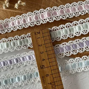 Nastro in pizzo di cotone 3m con bordo in raso colorato per cucito DIY e decorazioni