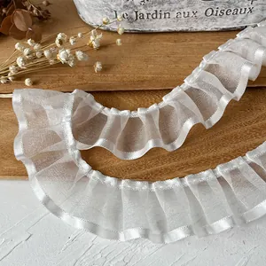 White organza ruffled lace trim 3.2cm with satin edge for DIY dress and sewing crafts
