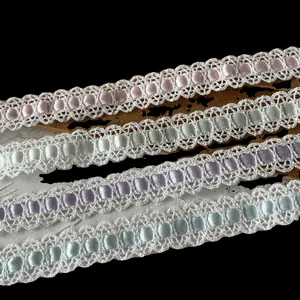 Pizzo bianco ricamato da 3m con nastri di raso colorati per decorazione cucito fai-da-te