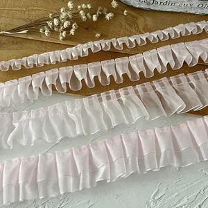 Pink organza ruffled lace trim ribbons for DIY crafts and Lolita dress accessories