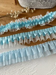 Close-up of three styles of light blue pleated lace trim for DIY dress sewing and crafts