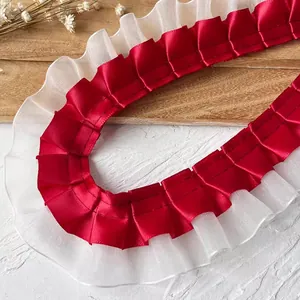 Double-layered pleated red satin and white organza lace trim for DIY doll clothing decor