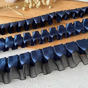 Navy Blue Pleated Satin Lace Trim Silky Ruffle Ribbon With Mesh For DIY Clothing Decoration Handmade Craft Accessories