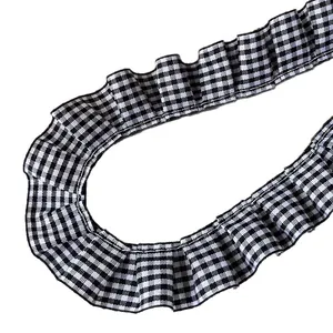 Garniture en dentelle plissée vichy noir et blanc pour vêtements DIY et artisanat