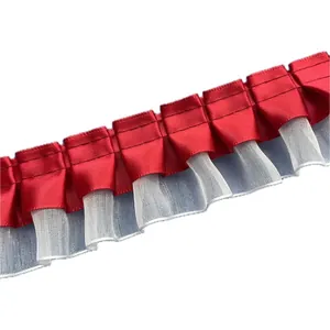 Dual-layer pleated lace trim with red satin and white organza for DIY sewing projects