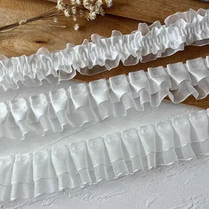 White Pleated Lace Trim Organza Satin Ruffled Ribbon For DIY Handmade Crafts Wedding Garment Decoration Sewing Accessories