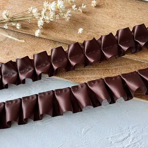 Ruban de Dentelle à Volants en Satin de Polyester Marron Café Tissu Plissé pour Décoration de Vêtements Artisanat DIY Accessoire
