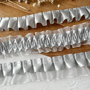 Bordure de Dentelle à Volants Plissés Gris Argenté Ruban en Satin Polyester Pour Décoration de Vêtements Couture DIY Artisanat Accessoires de Robe