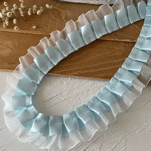Sky blue pleated lace trim with satin layers and white organza edge for DIY sewing