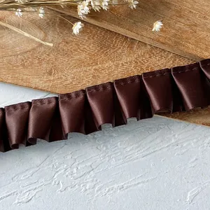 Ruban de satin plissé marron café et bordure en dentelle pour couture DIY et vêtements