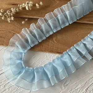 Light blue organza pleated lace trim with ruffled edge for DIY sewing crafts