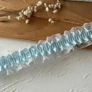 Elegant blue and white pleated lace ruffle trim for DIY dress sewing and garment decor
