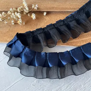 Pleated navy blue satin and black organza lace trim for DIY clothing and crafts