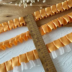 Orange pleated satin lace trim and double-layer tulle ruffles for DIY sewing decoration