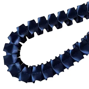 Navy blue pleated satin ribbon trim with box pleats for garment decoration and DIY crafts
