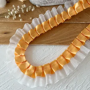 Orange pleated satin ribbon with white organza ruffle trim for DIY clothing and crafts