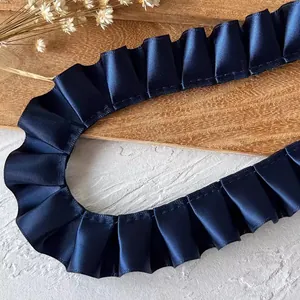 2.5cm wide pleated satin ribbon in navy blue for DIY garment and doll clothes sewing