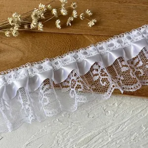 White Pleated Lace Trim Ribbon With Satin Insert Layered Ruffle Lace Edge For DIY Sewing Craft Wedding Dress Decoration