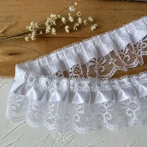 White pleated lace trim with delicate mesh and scalloped edges for DIY sewing and doll clothes