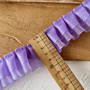 Μωβ πλισέ δαντέλα διπλής στρώσης με κορδέλα βολάν πλάτους 4,5 cm για ράψιμο