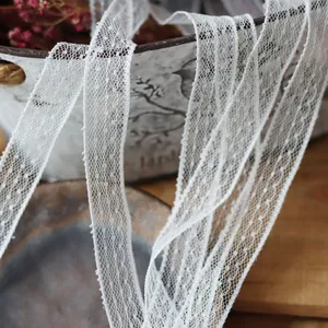 Detailed macro view of white eyelash lace ribbon with polka dots on a vintage background