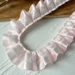 Dentelle plissée rose Morandi de 3m avec ruban satiné pour couture DIY et accessoires