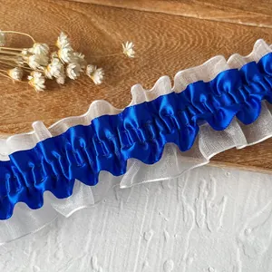 Royal blue pleated satin ribbon with white organza lace trim for DIY sewing crafts