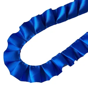 Pleated royal blue satin lace trim ribbon with elegant folds for DIY clothing decoration