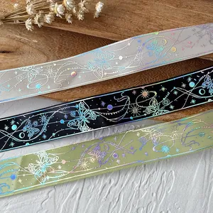 Nastro di Satin con Motivo Farfalla Stella Luna Stampa Oro Argento Laser Olografico Nastro Decorativo per DIY Artigianato