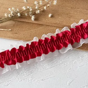 Deep red satin and white organza double-layer ruffled elastic lace trim for DIY projects