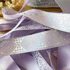 Light purple ribbon with laser checkered pattern and holographic star design for DIY crafts