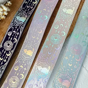 Starry moon cat themed ribbons with holographic patterns for DIY craft and accessory decoration
