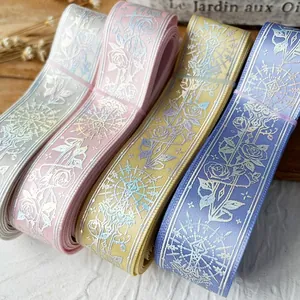 Floral holographic glitter ribbons with rose pattern for DIY bows and crafts decorations