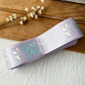 Lavender rose vine ribbon with silver holographic foil stamping for DIY bow making