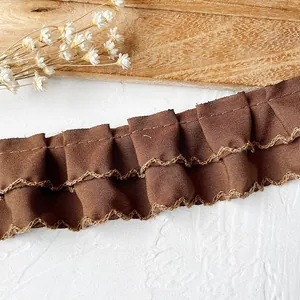 Brown pleated lace ribbon with coffee ruffles and gold-threaded edges for DIY sewing craft