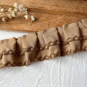 Pleated apricot lace ribbon with dark brown embroidery for DIY clothing and crafts