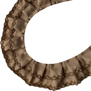 Brown pleated lace trim with dark coffee embroidery for DIY clothing and crafts decoration