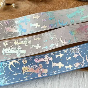 Gothic Holographic Cross Ribbon For Halloween DIY Crafts Gift Wrapping Spiderweb Skeleton Pattern Polyester Satin Ribbon Decorative