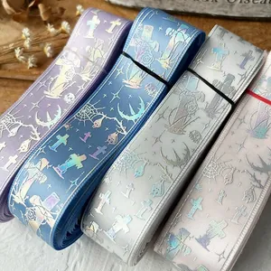 Cross and moon laser printed ribbon rolls for DIY gothic craft and bow decorations