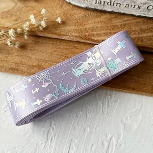 Purple DIY ribbon with silver gothic cross patterns and stars for handmade crafts