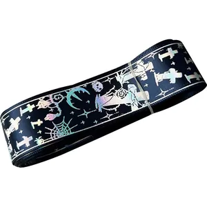 Gothic dark navy ribbon with holographic cross and spider web print for DIY crafts