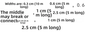 Detailed size chart showing ribbon widths of 0.3cm, 0.6cm, 1cm and 2.5cm options