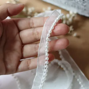 Elegant White Artificial Pearl Organza Lace Ribbon Trimming For Wedding Dress Sewing DIY Craft Doll Clothes Decoration Accessories